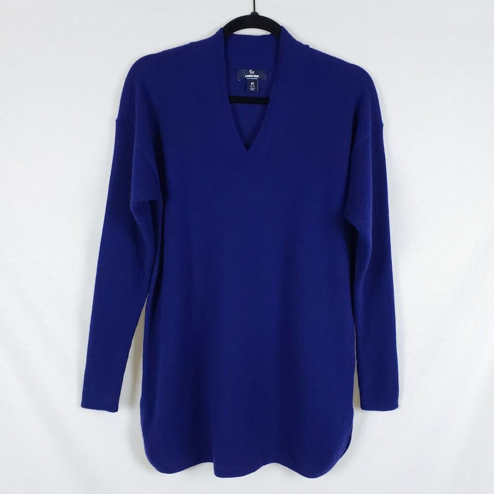 Lands' End 100% Cashmere Sweater Tunic Womens M Ribbed Sleeve Blue